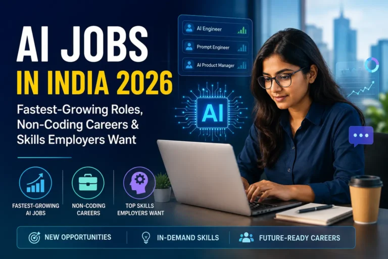 AI jobs in India 2026 featured image showing an Indian professional using a laptop with AI career roles, non-coding careers and skills employers want.
