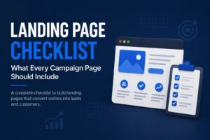 Landing page checklist graphic showing a campaign page layout, checklist and conversion elements for lead generation.