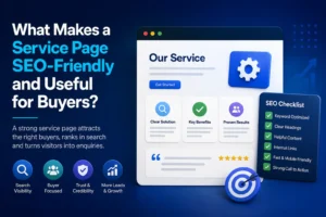 SEO-friendly service page graphic showing a website layout, buyer-focused content cards and checklist for search visibility and enquiries.