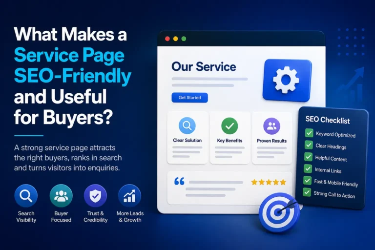 SEO-friendly service page graphic showing a website layout, buyer-focused content cards and checklist for search visibility and enquiries.