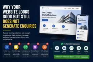 Website conversion graphic showing a good-looking business website with missing enquiry drivers such as clear focus, trust signals and lead capture.