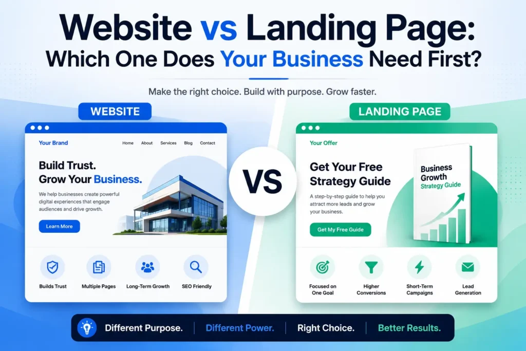 Website vs landing page comparison showing how a full business website builds trust while a landing page focuses visitors on one action