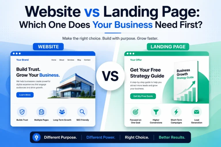 Website vs landing page comparison showing how a full business website builds trust while a landing page focuses visitors on one action