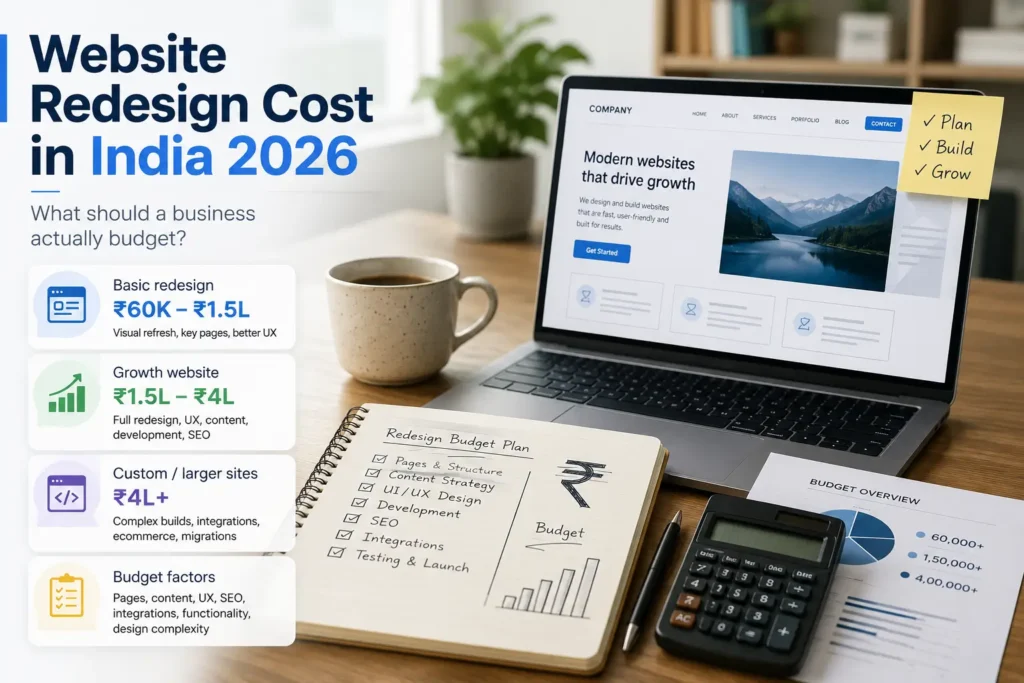 Website redesign cost in India 2026 with budget ranges, website mockup and planning workspace
