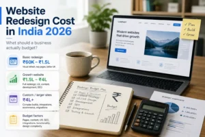 Website redesign cost in India 2026 with budget ranges, website mockup and planning workspace